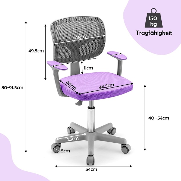 Lasten työtuoli 360° kääntyvä nuorten tuoli 80-91,5cm korkeussäädettävä 54 x 50 x 80-91,5cm violetti