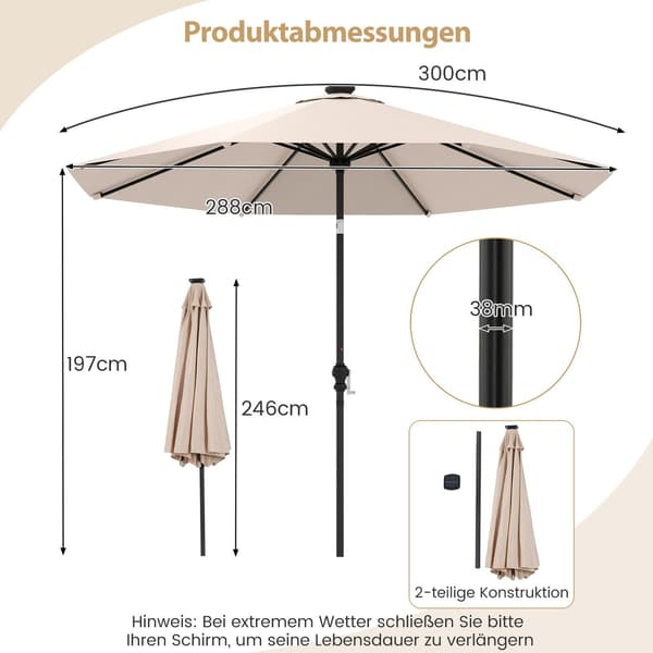 Terrasseparaply 300 cm med Solar LED-lys, 9 tilstande