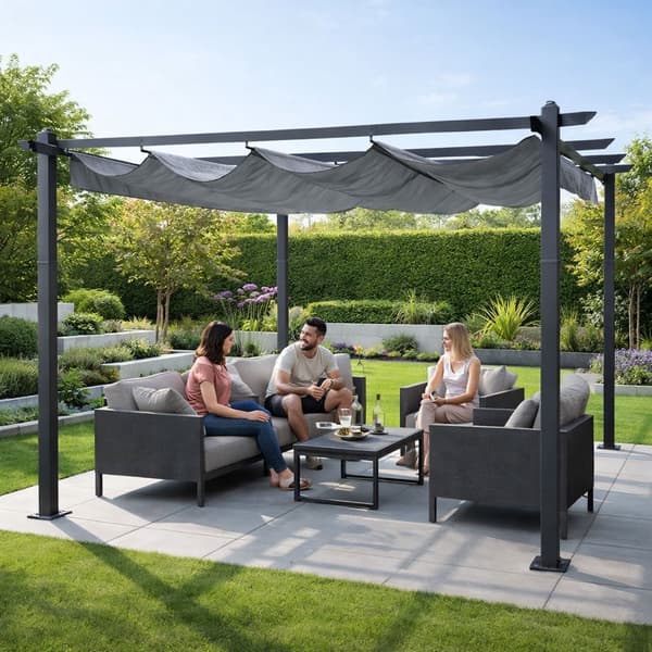 Havepergola 3x4m, stålramme, grå baldakin
