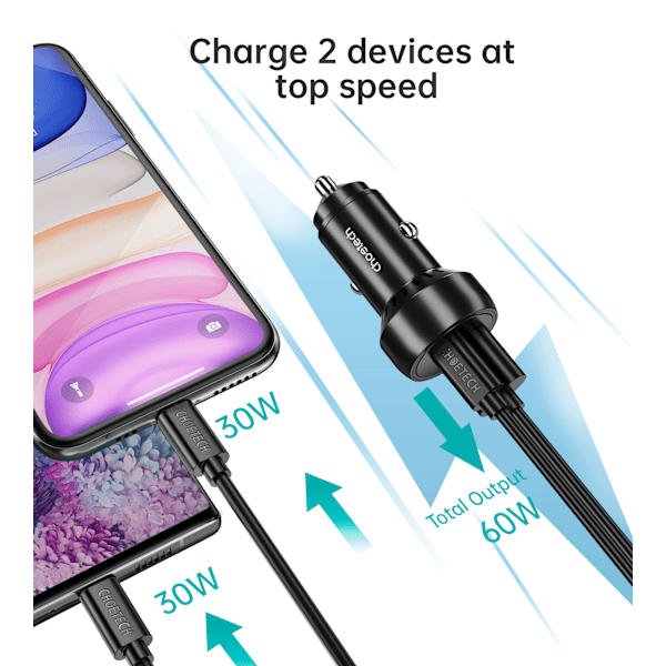 USB-C USB-A PD 60W autolaturi LED-taustavalolla, musta
