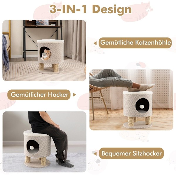 Liten skrapstolpe med mjuk sits & 3 sisal skrapstolpar & bollpall 40 x 40 x 47 cm beige