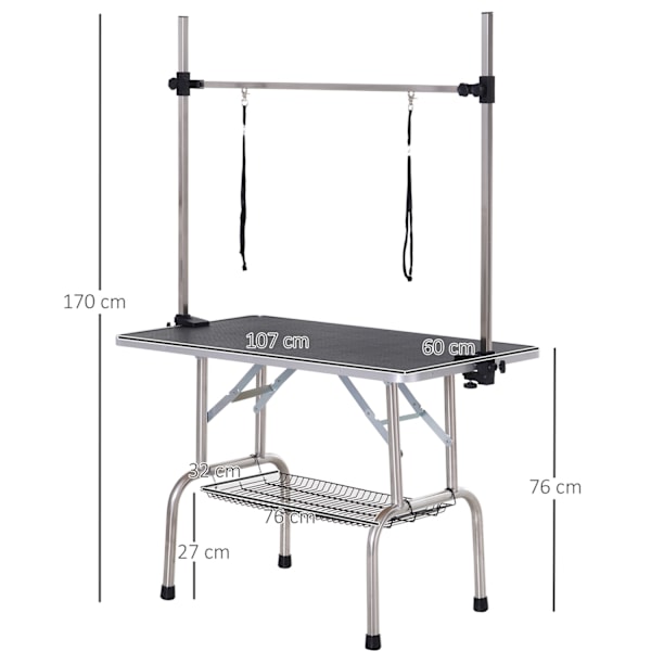 Trimmebord, Dyreplejebord, Striglebord Med Underkurv Til Hunde, Højdejusterbart, Foldbart, Rustfrit Stål, Metal, Sort, 107 X 60 X 170 Cm