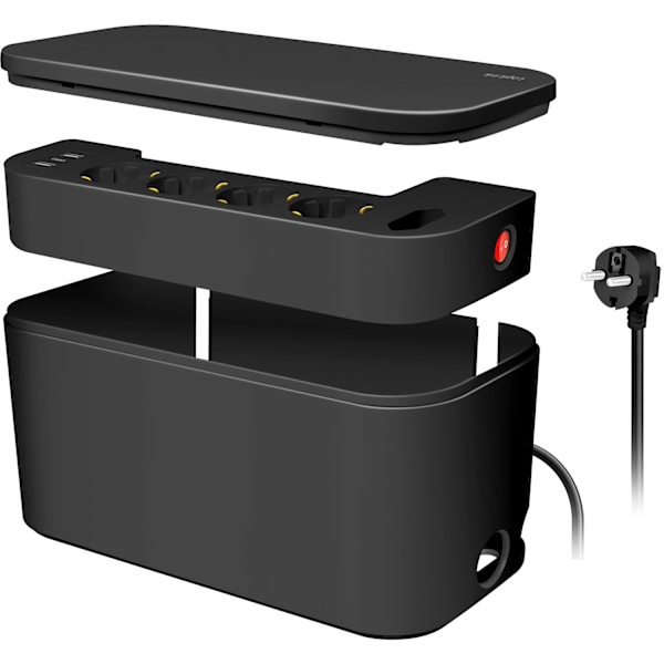 Kabelboks - Kabelskjuler med grenstik + USB-A/USB-C opladning Sort