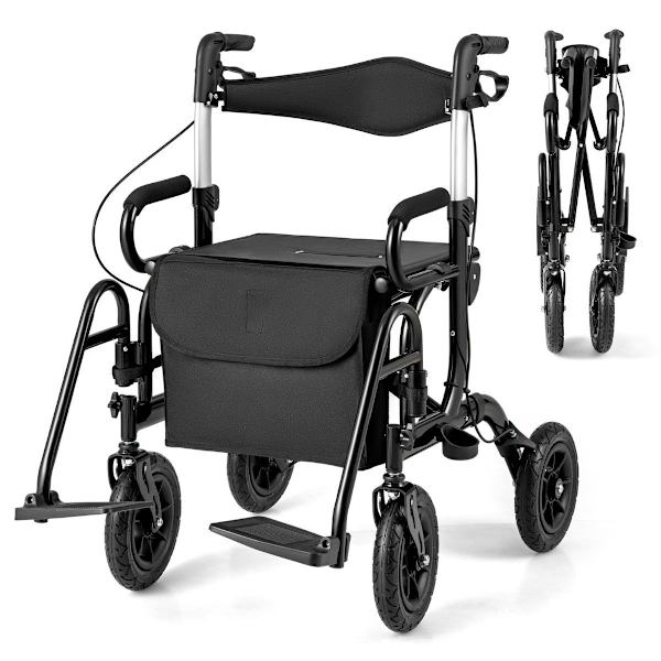 2-i-1 rollator & kørestol, let, sammenklappelig, sort