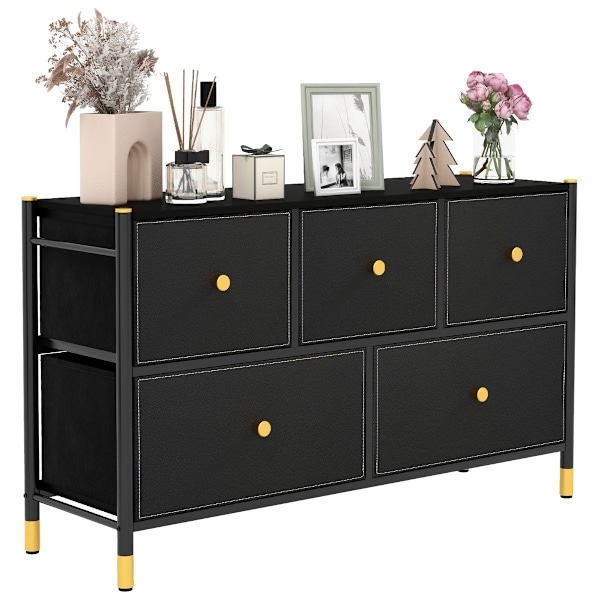 Kommode til soveværelse med 5 skuffer bred stof kommode med metalramme 100 x 30 x 58,5 cm sort