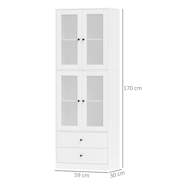 Keittiökaappi, korkea kaappi laatikolla, säädettävät hyllyt, keittiön buffet 2 kaappiosastolla olohuoneeseen, ruokailutilaan, 59 x 30 x 170 cm, valkoi