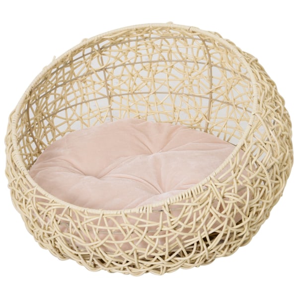 Katteseng Lavet Af Rattan Komfortabel Kattehule Med Pude, Kattekurv & Hundeseng, Beige, Ø56X35Cm