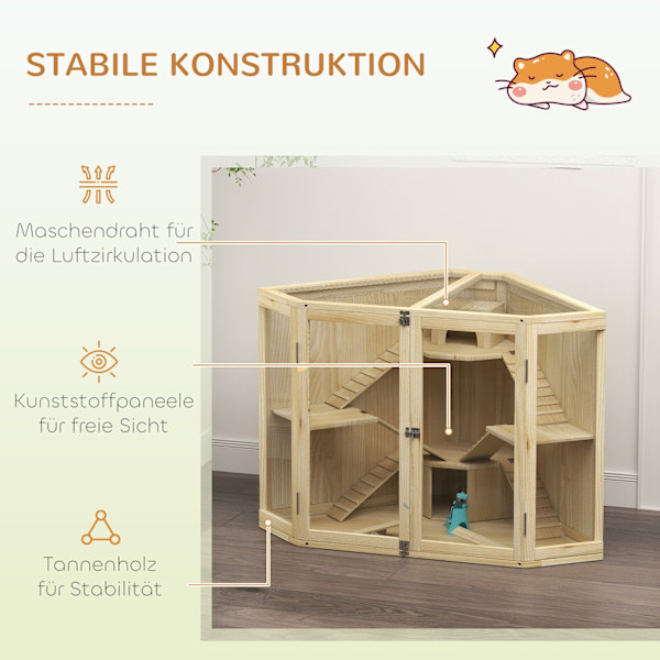 Puinen hamsterin häkki, 4-tasoinen pieneläinkota, ruokintapiste, rokkari, ramppi, mökit, marsuhäkki kääpiö- ja syyriahamstereille, 115 x 69,5 x 79 cm