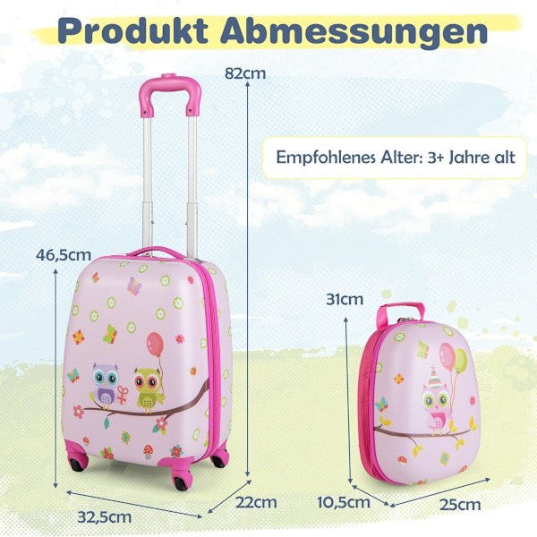 2-osainen lasten matkalaukku + reppu muovista lastenvaunut 12"+16" pink linnut