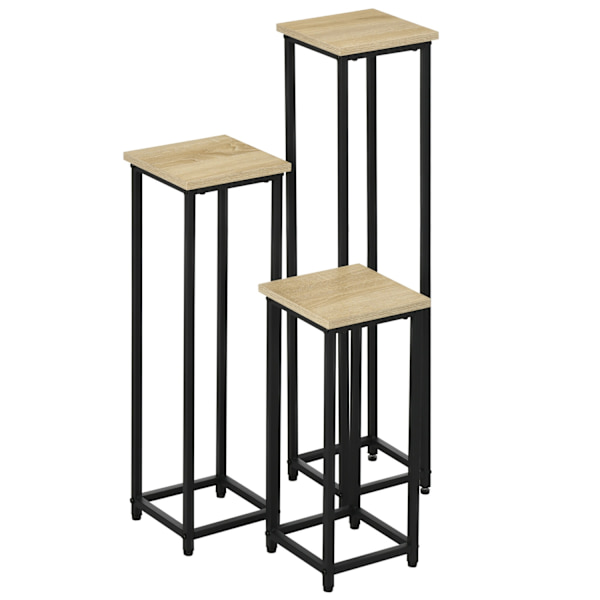 Plant Set 3-Osainen Kukkajakkara Ja Kukkaruukkuteline Teräksestä, Musta + Luonnollinen