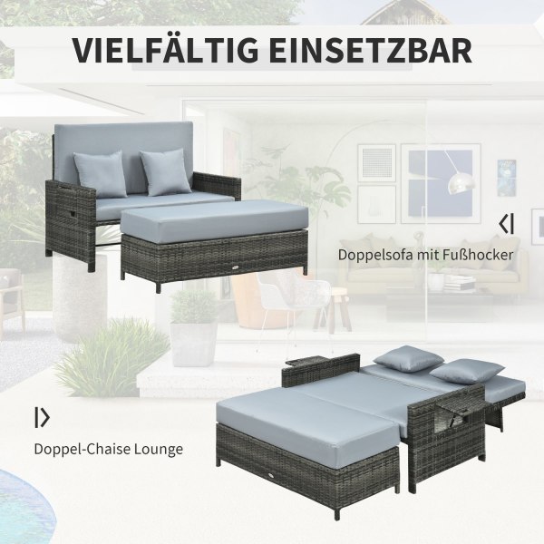 Polyrattan Lounge Sohva Puutarhasohva 2-Istuttava Pehmuste & Jakkara Puutarha Sohva Harmaa