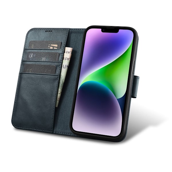 2-i-1 læder Flip Cover iPhone 14 Anti-RFID olievoks pung etui Blå