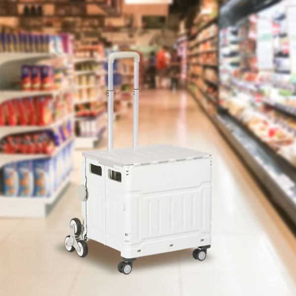 Kokoontaittuva Ostoskärry, Säädettävä Teleskooppikahva, Portaiden Kiipeilijä Kannella, Jopa 80 Kg, Valkoinen