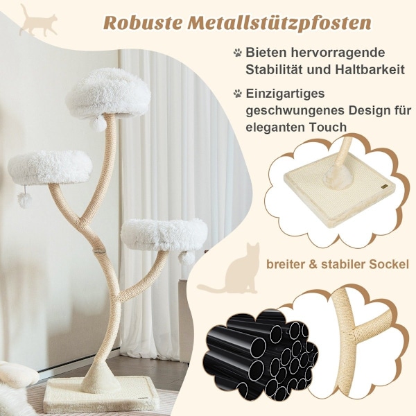 178 cm kattträd med sisal-krapstolpar & 3 varma liggytor & plyschbollar beige