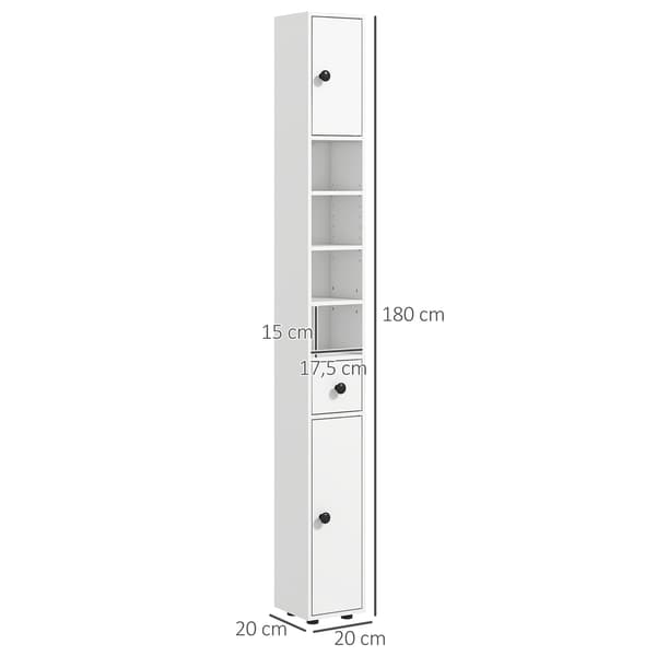 Badeværelsesskab, 4 hylder, skuffe, spånplade, slim design, hvid