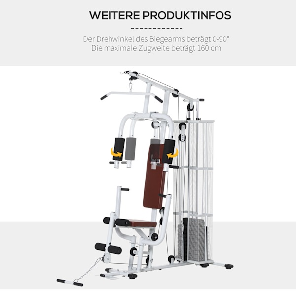 Träningsstation för hemmet, totalt 45 kg, med pressarm, benframkallare, rullkuddar, PU-syntetläder, 150 x 110 x 210 cm, vit