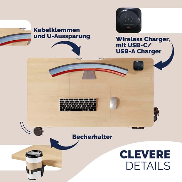 Højdejusterbart skrivebord, beige, 140x60 cm, USB-porte