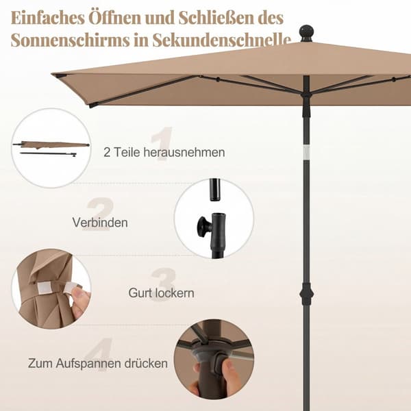 Rektangulær balkonparasol, justerbar vippefunktion, brun, 213x140 cm