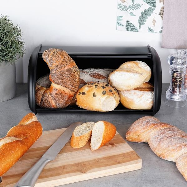 Rummelig brødkasse i elegant sort rustfrit stål