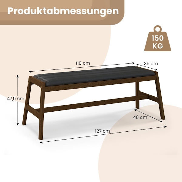 127 cm gummiträbänk med sittdyna gjord av konstläder matsalsbänk stoppad bänk valnöt