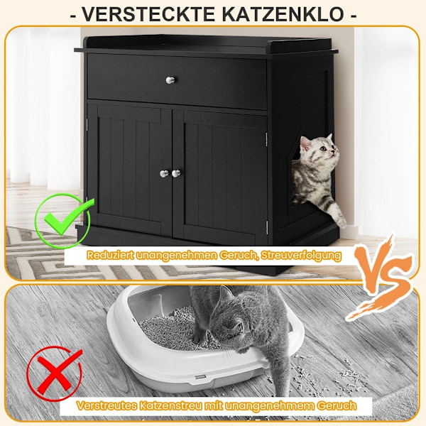 Katthus med låda och 2 dörrar 3-i-1 katthus kattsandlåda sidobord svart