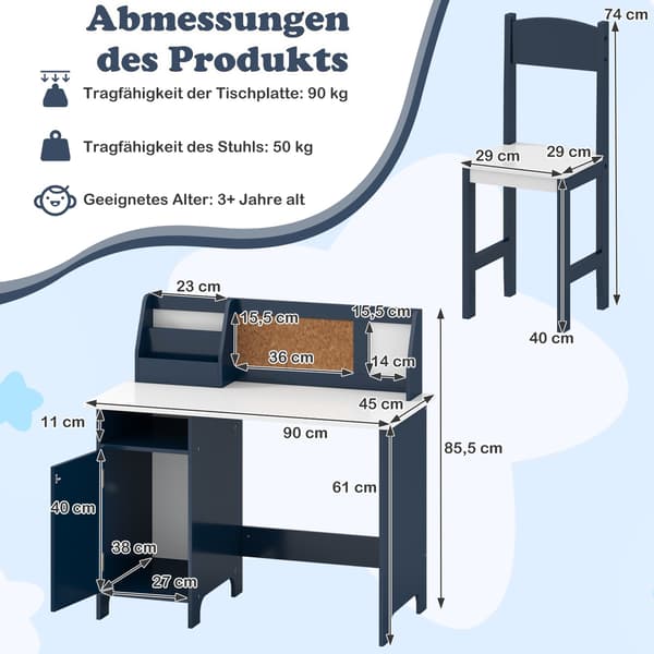 Barnskrivbord och stolsset med förvaring, blå