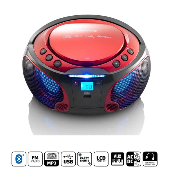 Bærbar Bluetooth FM-radio CD/MP3-afspiller med USB, rød