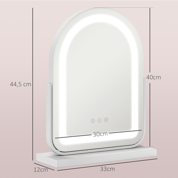 Sminkspegel, 33 x 44,5 cm sminkspegel med LED-ljus, 3 ljusfärger, 360° vridbar sminkspegel med touchkontroll, metallram, vit