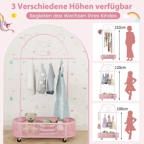 Børnetøjsstativ højdejusterbar fra 130cm/150cm/182cm frakkestativ på hjul pink
