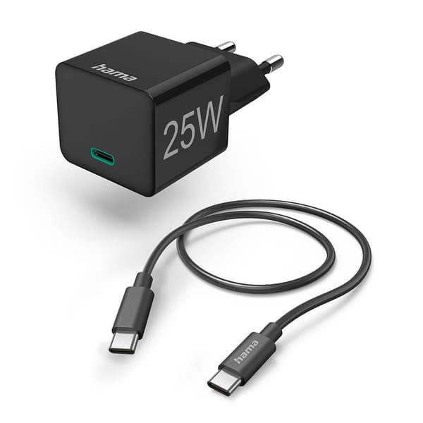 HAMA Quick Charger 1x USB-C med Kabel 25W PD 1,0m Sort