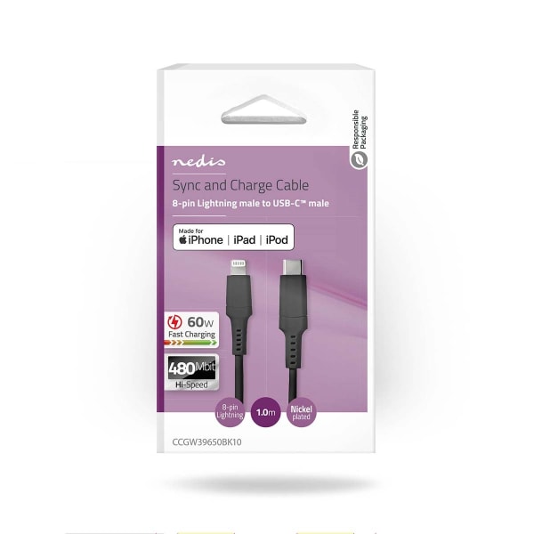 Lightning Kabel | USB 2.0 | Apple Lightning 8-pin | USB-C™ Han | 480 Mbps | Nikkelplateret | 1.00 m | Runde | PVC | Sort | Box