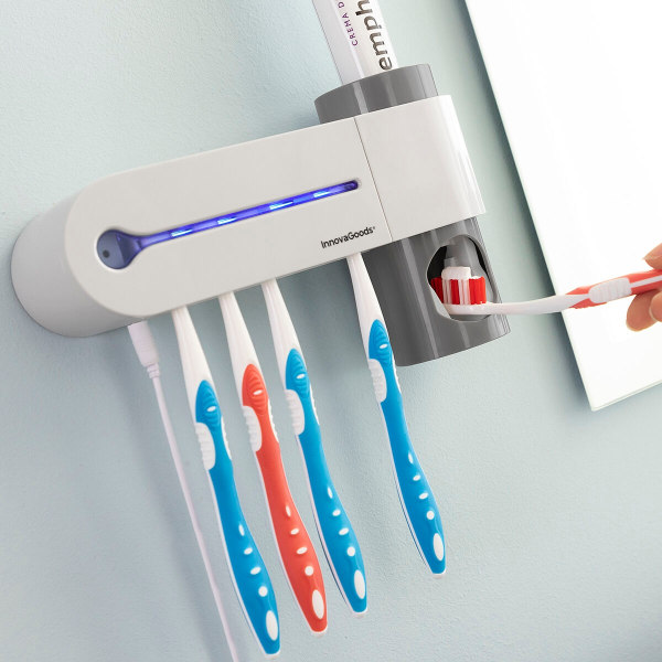 UV-sterilisering för tandborstar med hållare och tandkrämsdispen