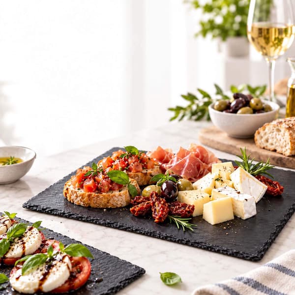 Rektangulära serveringsfat i skiffer, set om 6 med filt, antracit