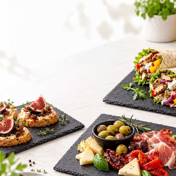 Rektangulära serveringsfat i skiffer, set om 6 med filt, antracit