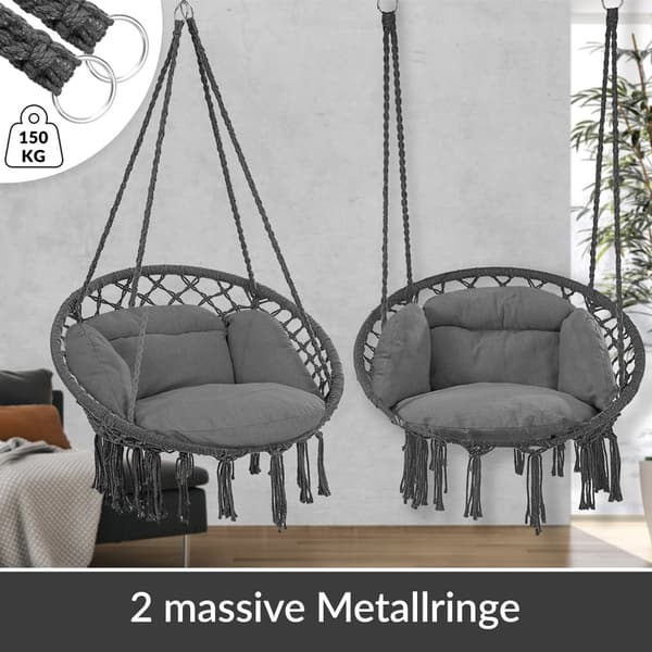 Antracit Boho hängstol med dynor, 150 kg kapacitet