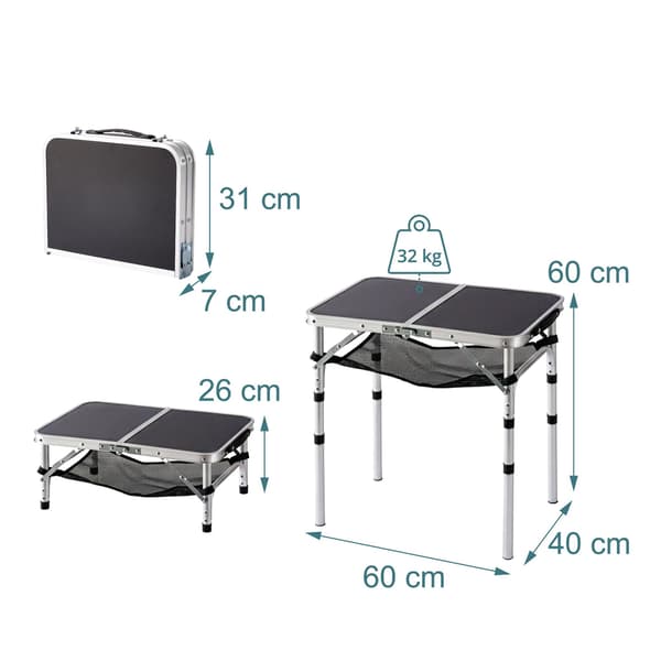 Højdejusterbart, foldbart campingbord, aluminiumsramme