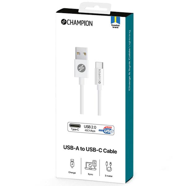 USB-A til USB-C kabel 3m hvid