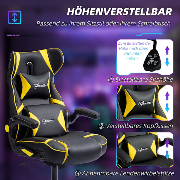 Gamingstol med vippe- og benfunktion, ergonomisk computerstol, højdejusterbar, drejelig skrivebordsstol med højttaler, bæreevne op til 120 kg, sort +