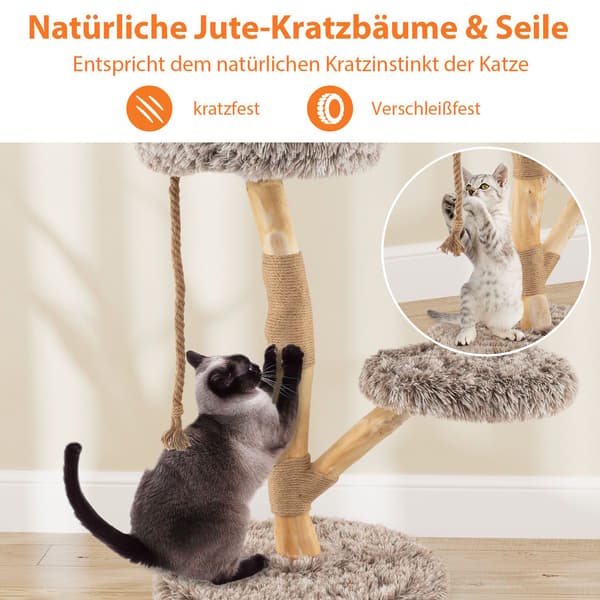 Kattetræ med 3 plysplatforme, jutestolper, 90 cm