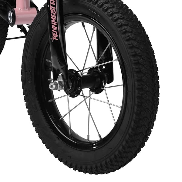 12" lyserød løbecykel med affjedring og stativ