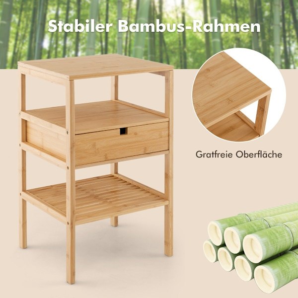 3-kerroksinen bambusta valmistettu yöpöytä laatikolla ja sälehyllyllä luonnollinen sivupöytä