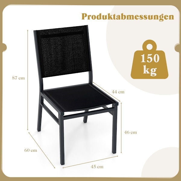Puutarhatuoli alumiininen säänkestävä terassituoli hengittävällä istuimella ja selkänojalla 60 x 45 x 87 cm musta
