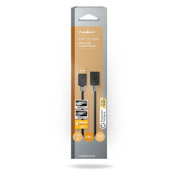 USB kaapeli | USB 2.0 | USB-A Uros | USB-A Naaras | 480 Mbps | Kullattu | 3.00 m | Pyöreä | PVC | Antrasiitti | Laatikko