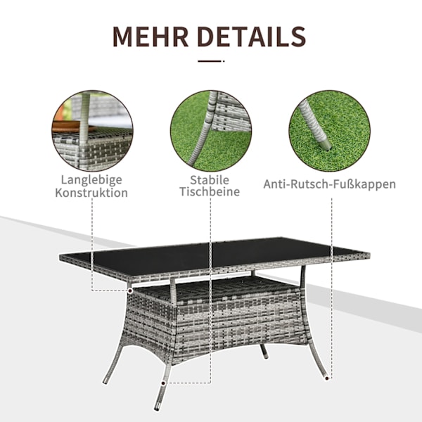 Havebord Glasbord Polyrattan Sikkerhedsglas Grå Sort 150X85X74Cm
