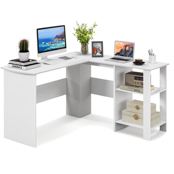 L-formet computerbord, 2 kabelhuller, hylder, hvid