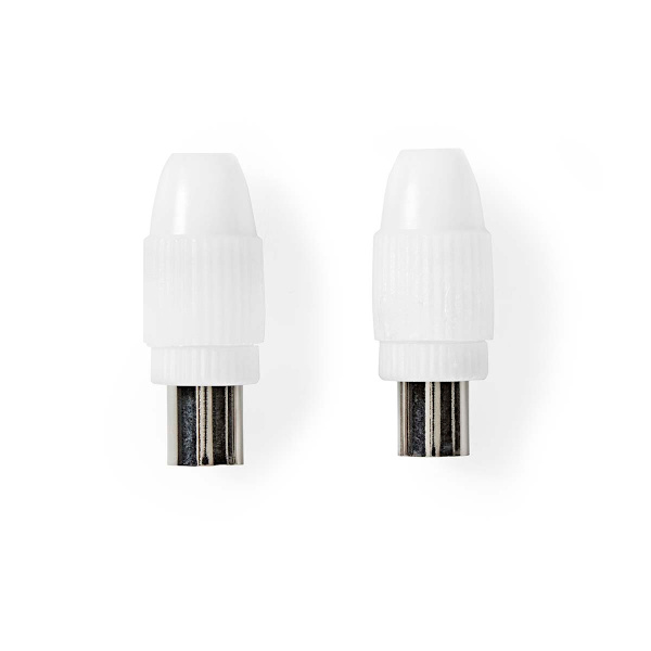 IEC (coax) | Rak | Hane / Hona | Nickelplaterad | 75 Ohm | Skruva | Kabel input diameter: 7.0 mm | Metall / PVC | Vit | 2 st. | Låda