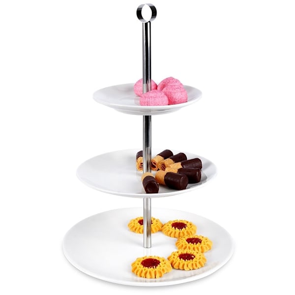 Elegant serveringsfad i tre niveauer i porcelæn og rustfrit stål