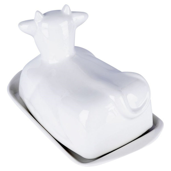 Elegant smörbytta i form av ko, vit porslin, med lock
