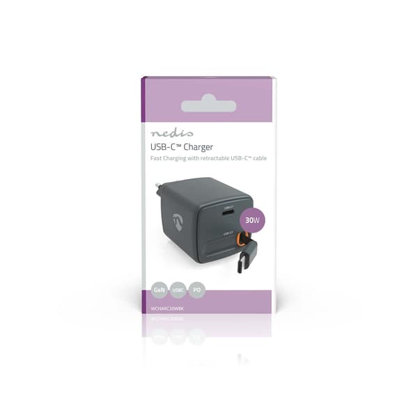 USB-C vægoplader med 30W udtrækkeligt kabel, GaN, PD3.0