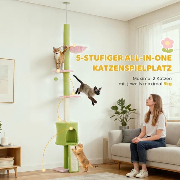 Justerbart kradsetræ med hængekøje og sisalstolper, grøn